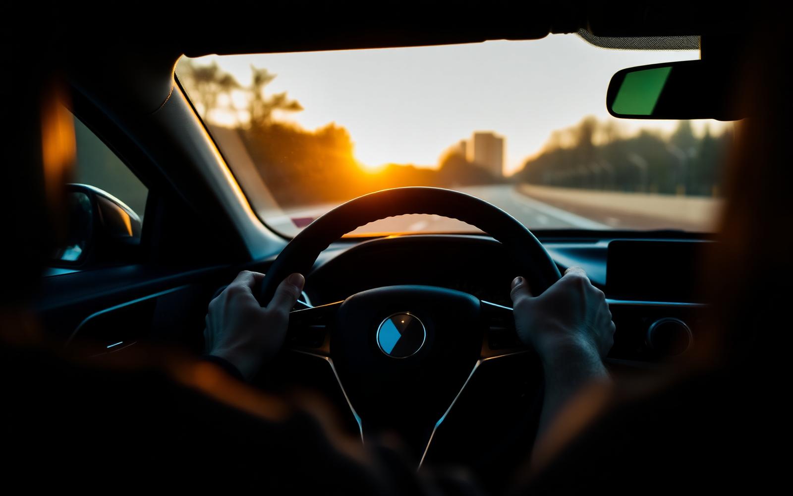 Learner driver behind the wheel at golden hour